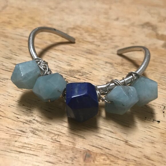 Lapis Lazuli Aquamarine Sterling Silver 925 Cuff Bracelet Handmade Gemstone - Picture 1 of 7